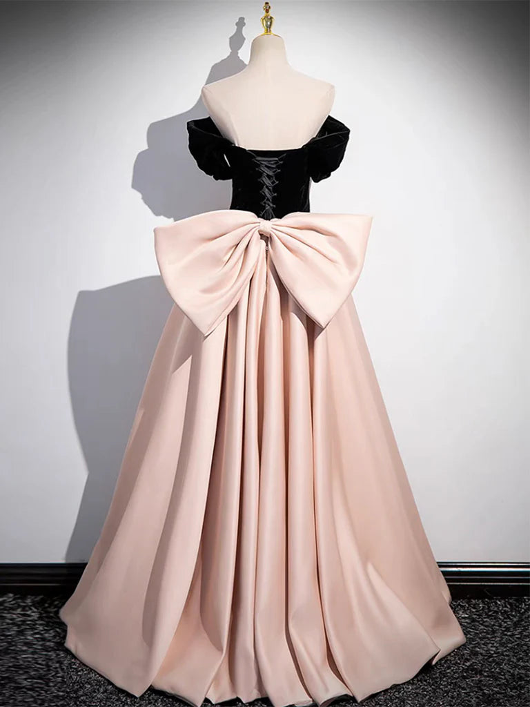 A-Line Off Shoulder Satin Champagne Long Prom Dress