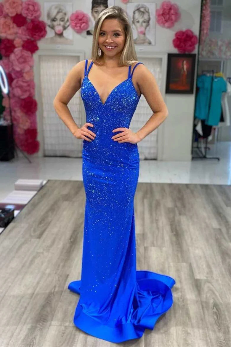 Beaded V-Neck Backless Mermaid Long Prom Gown
