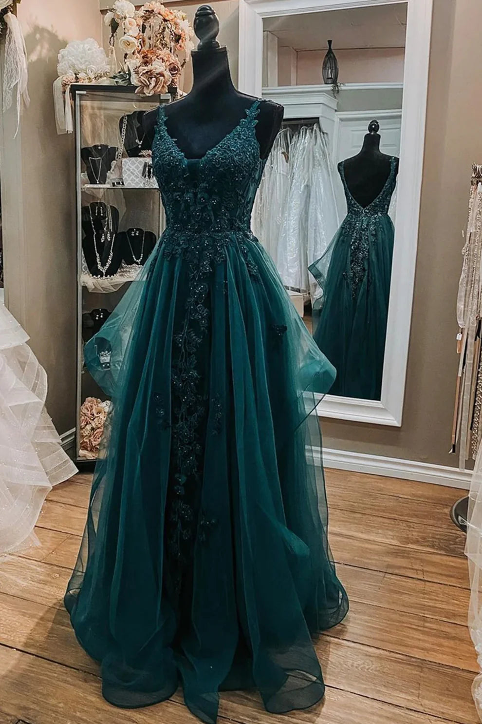 V Neck Open Back Dark Green Lace Beaded Long Prom Dresses