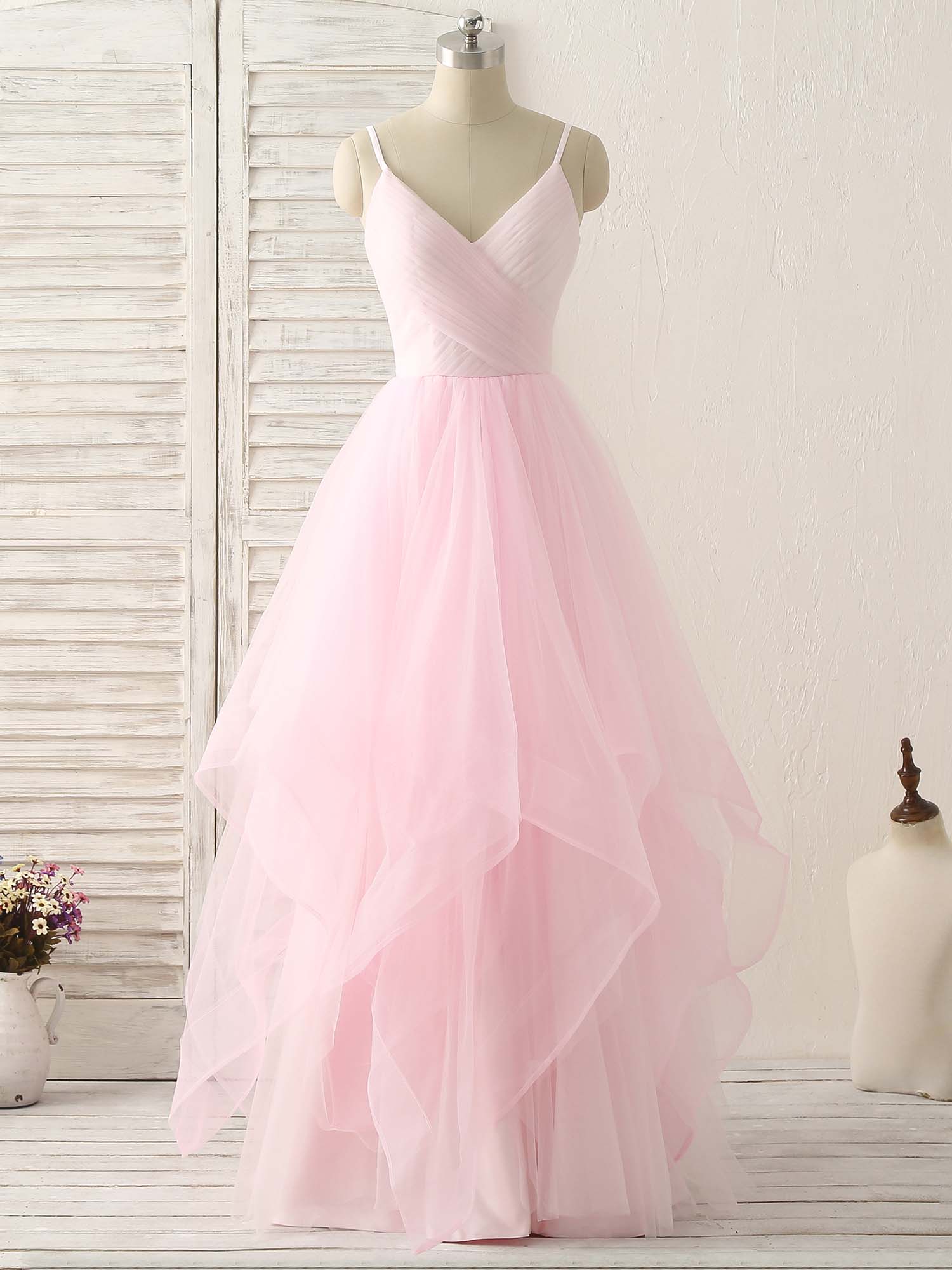 V Neck Tulle Long Prom Dress Simple Pink Tulle Evening Dress