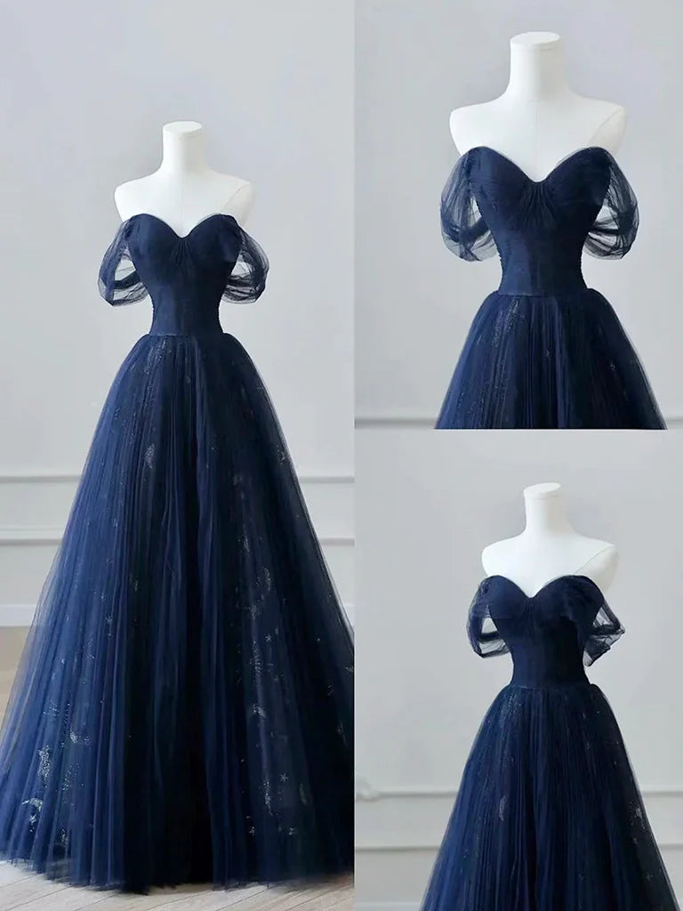 A-Line Off Shoulder Tulle Lace Dark Blue Long Prom Dress