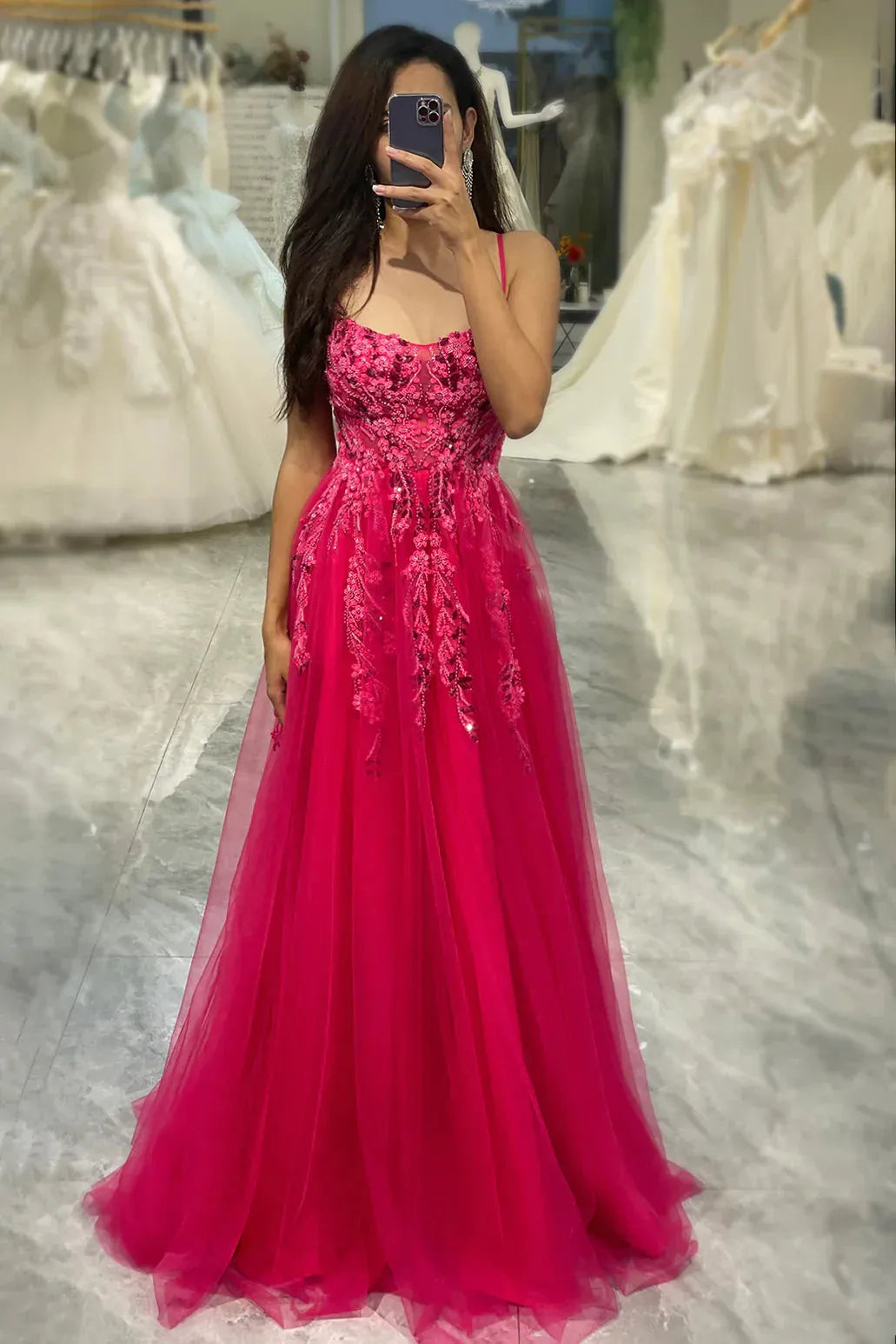 A Line Long Tulle Corset Appliqued Prom Dress