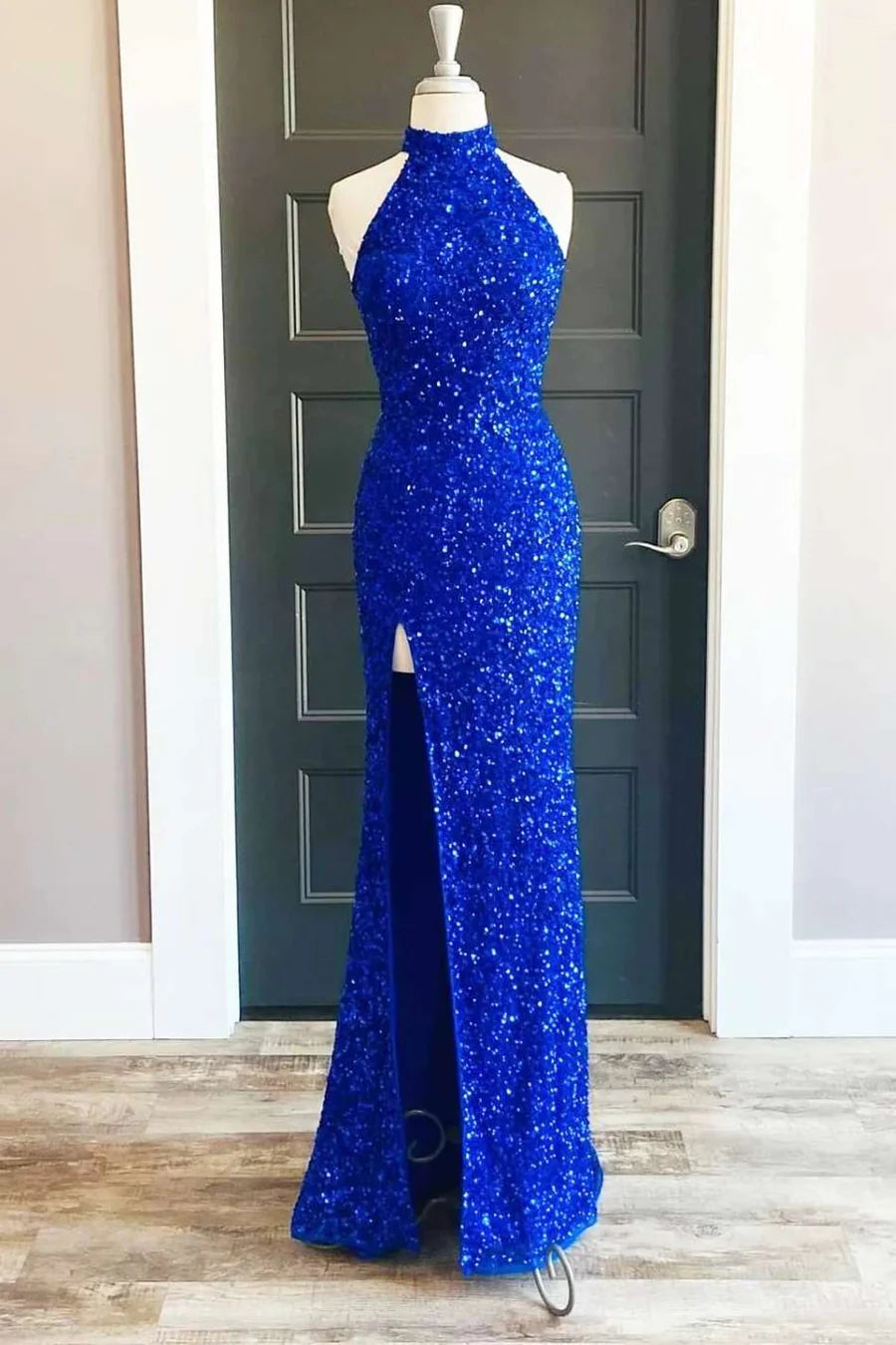 Sequin Halter Long Prom Dress with Slit