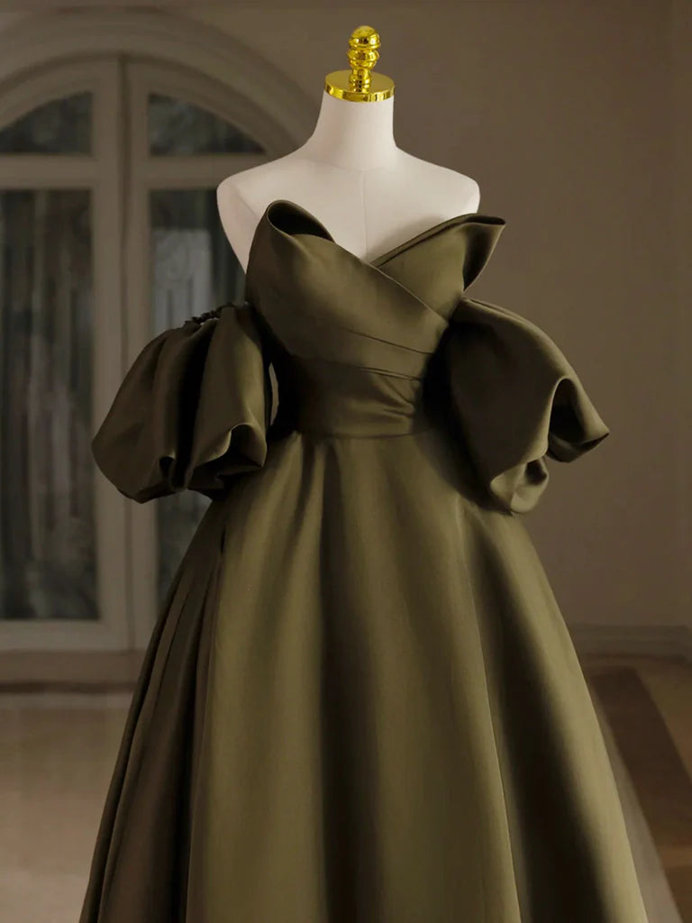A-Line Puff Sleeves Olive Green Satin Long Prom Dress