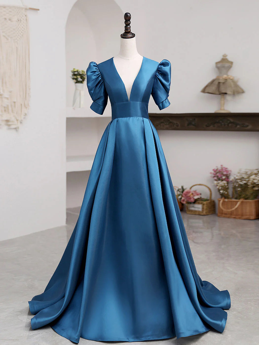 V Neck Satin Long Prom Dresses Blue Satin Long Evening Dress