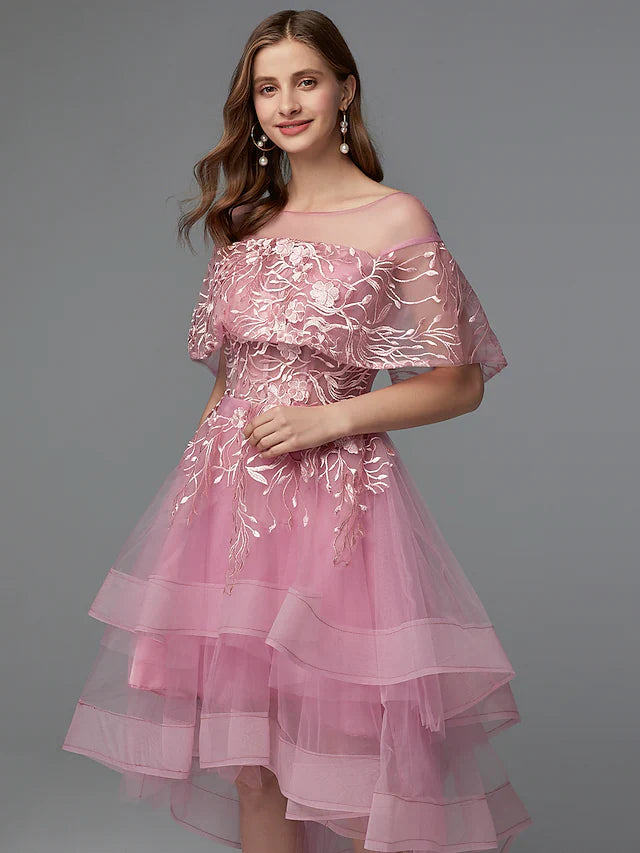 DingjiA-Line Elegant High Low Holiday Cocktail Party Prom Dress Illusion Neck Sleeveless Asymmetrical Lace Tulle with Lace Insert