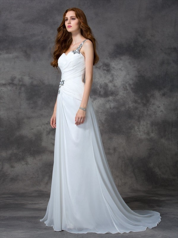 A-line/Princess One-Shoulder Beading Sleeveless Long Chiffon Dresses