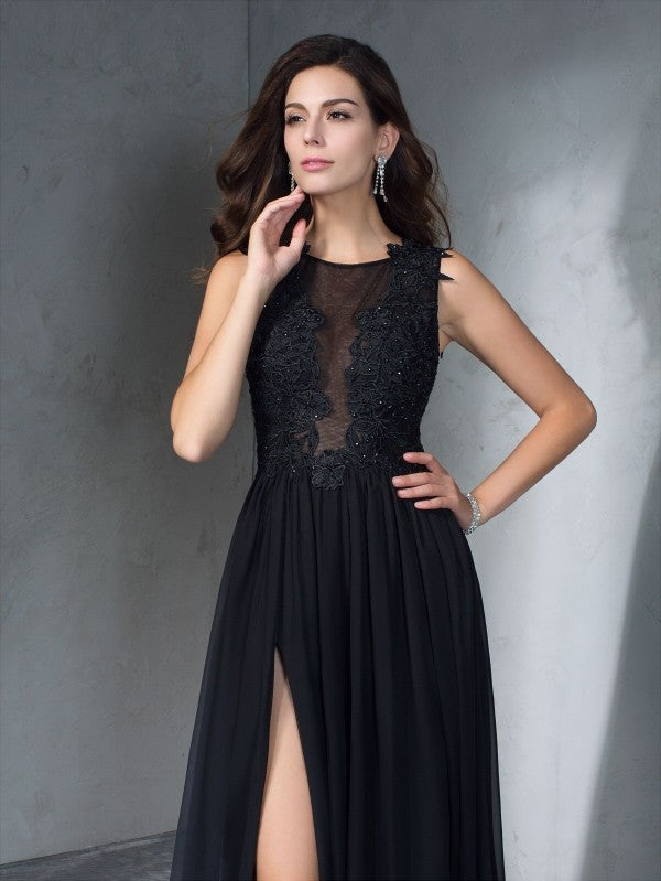 A-Line/Princess Scoop Applique Sleeveless Long Chiffon Dresses