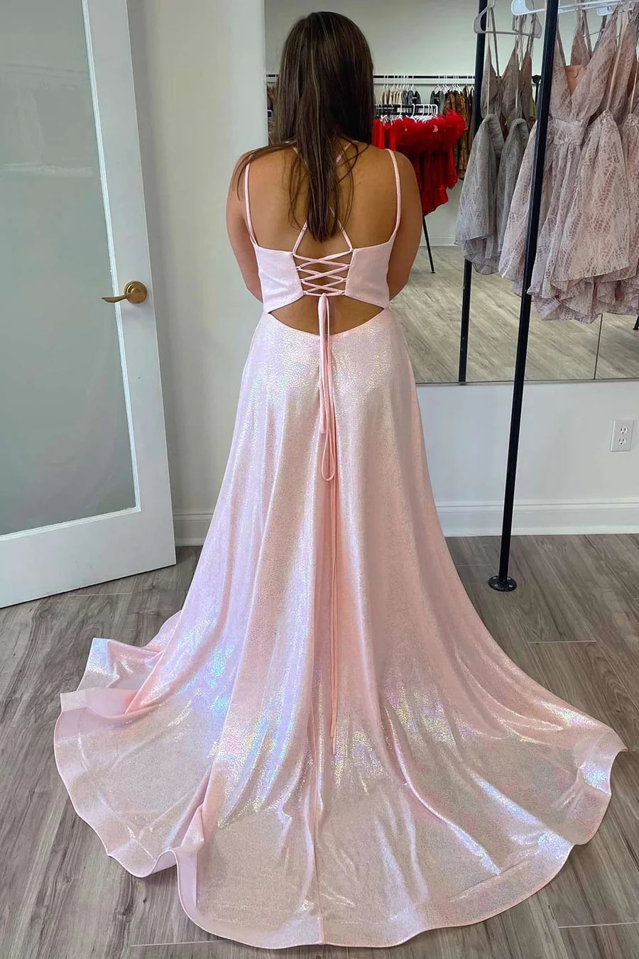 V-Neck Lace-Up Back Long Prom Dress