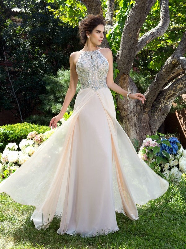 A-Line/Princess Spaghetti Straps Beading Sleeveless Long Chiffon Dresses