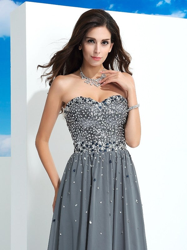 A-Line/Princess Sweetheart Beading Sleeveless Long Chiffon Dresses