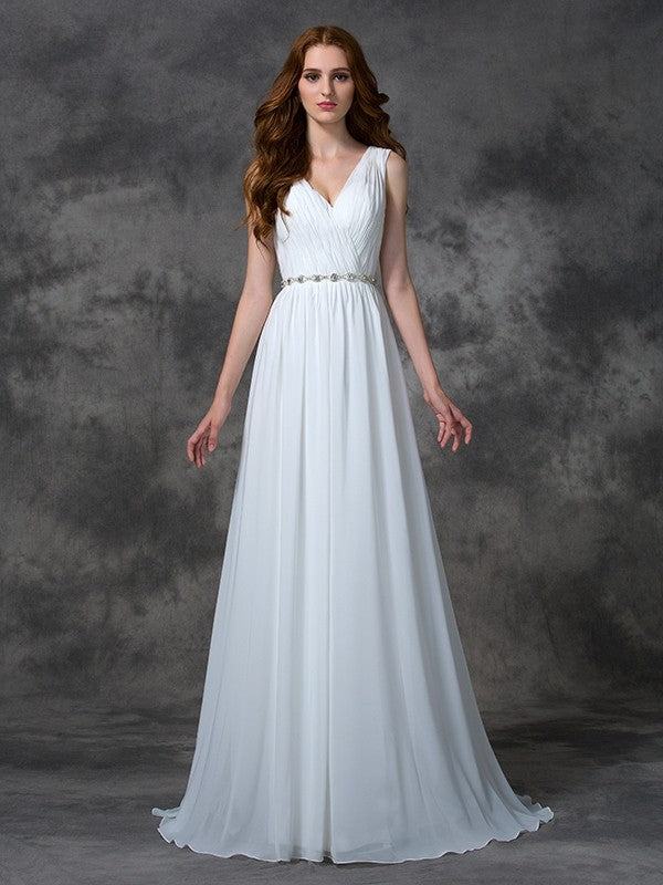 A-line/Princess V-neck Beading Sleeveless Long Chiffon Dresses