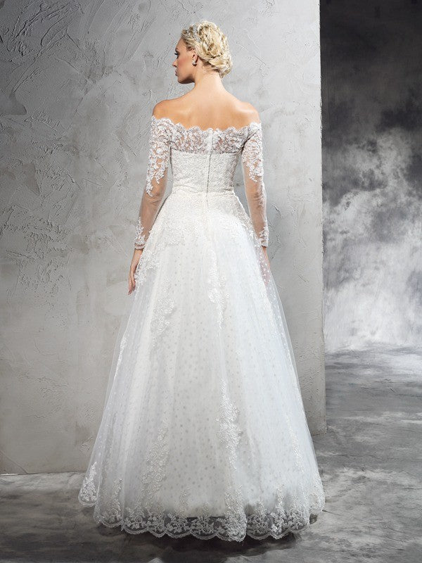 Ball Gown Off-the-Shoulder Lace Long Sleeves Long Net Wedding Dresses