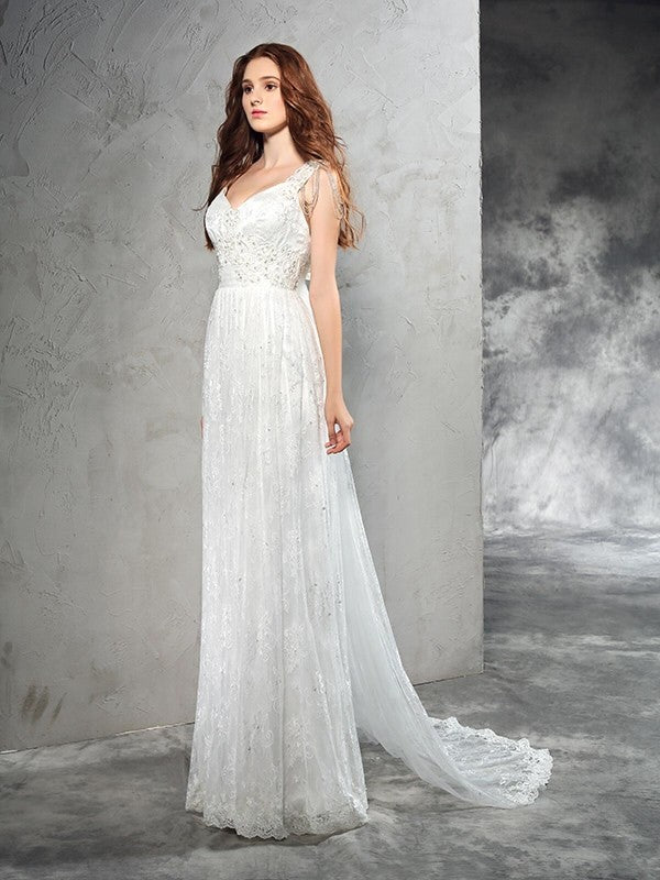 A-Line/Princess Straps Lace Sleeveless Long Lace Wedding Dresses