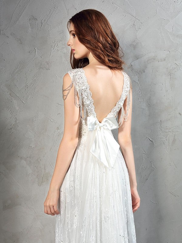A-Line/Princess Straps Lace Sleeveless Long Lace Wedding Dresses