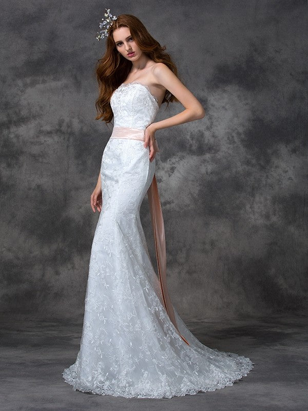 Trumpet/Mermaid Strapless Sash/Ribbon/Belt Sleeveless Long Lace Wedding Dresses