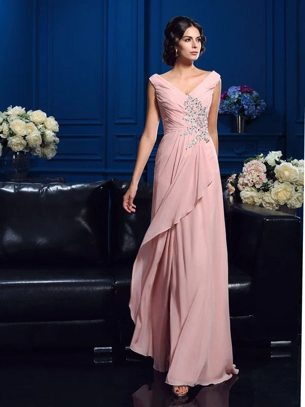 A-Line Princess V-neck Beading Sleeveless Long Chiffon Mother of the Bride Dresses
