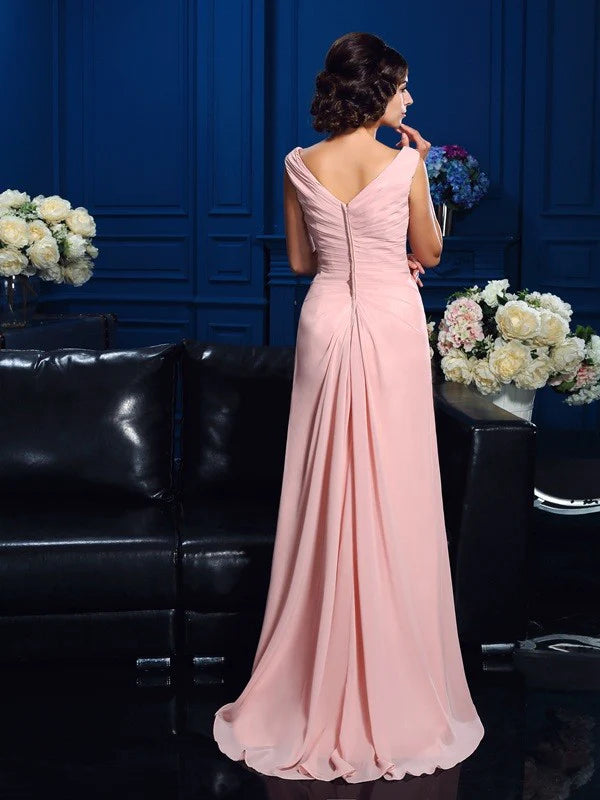 A-Line Princess V-neck Beading Sleeveless Long Chiffon Mother of the Bride Dresses