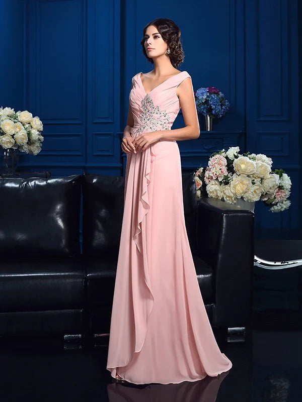 A-Line Princess V-neck Beading Sleeveless Long Chiffon Mother of the Bride Dresses