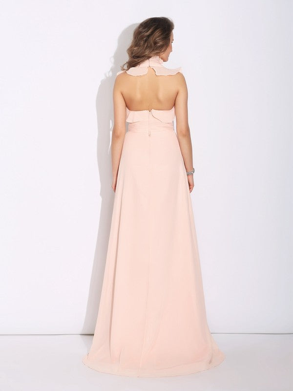 A-Line/Princess High Neck Ruffles Sleeveless Long Chiffon Dresses
