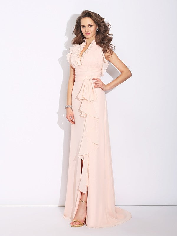 A-Line/Princess High Neck Ruffles Sleeveless Long Chiffon Dresses