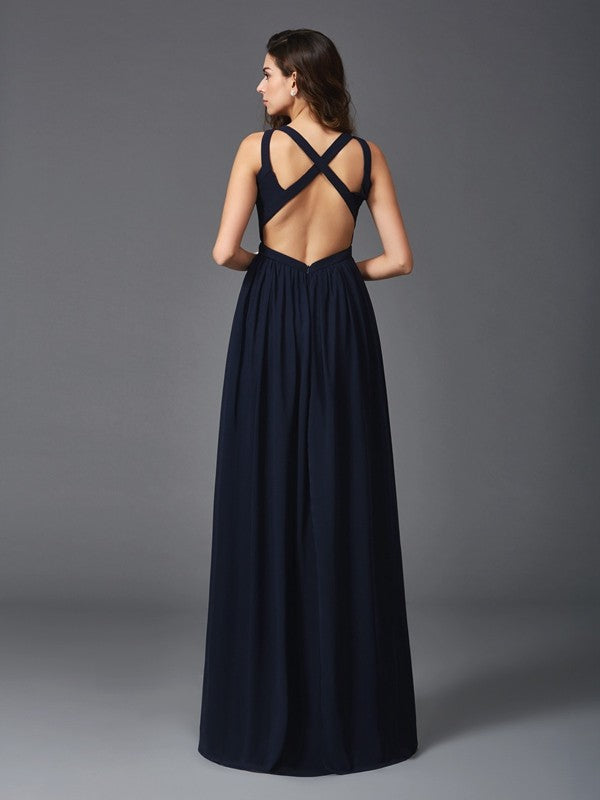A-Line/Princess Straps Sleeveless Long Chiffon Dresses