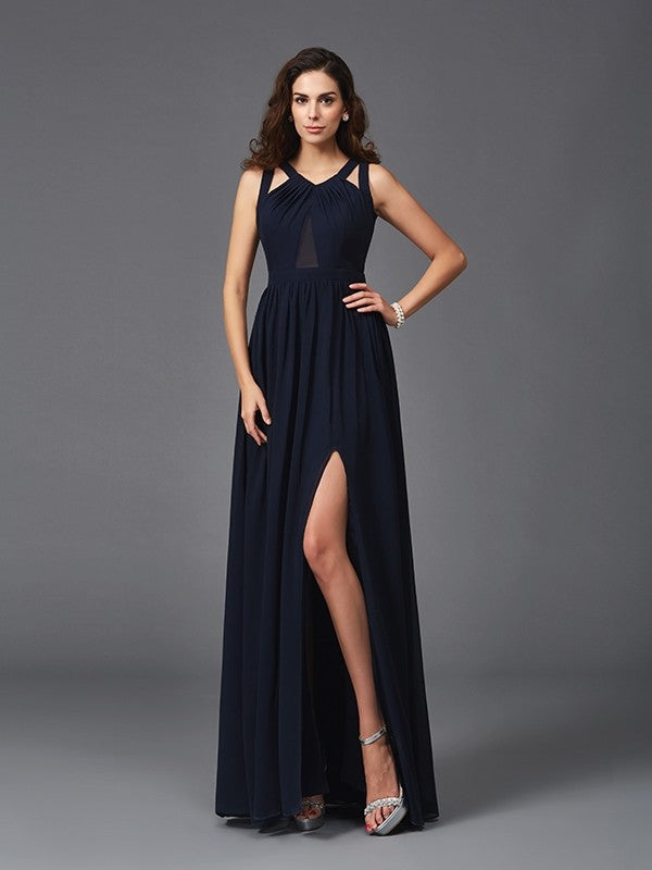 A-Line/Princess Straps Sleeveless Long Chiffon Dresses