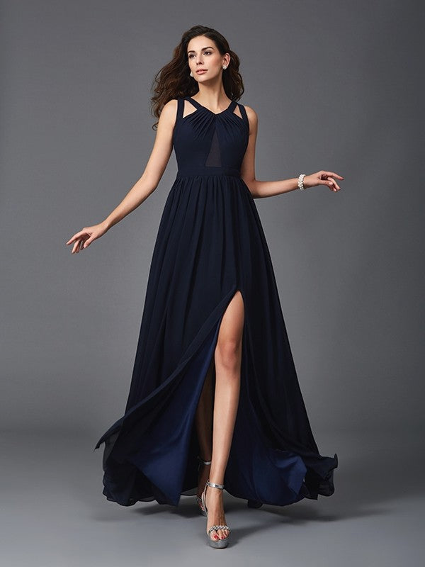 A-Line/Princess Straps Sleeveless Long Chiffon Dresses
