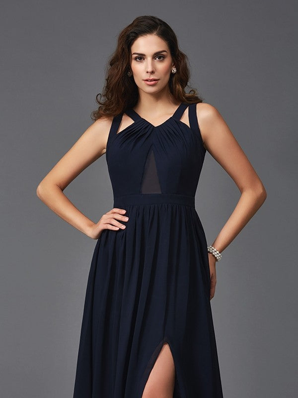 A-Line/Princess Straps Sleeveless Long Chiffon Dresses