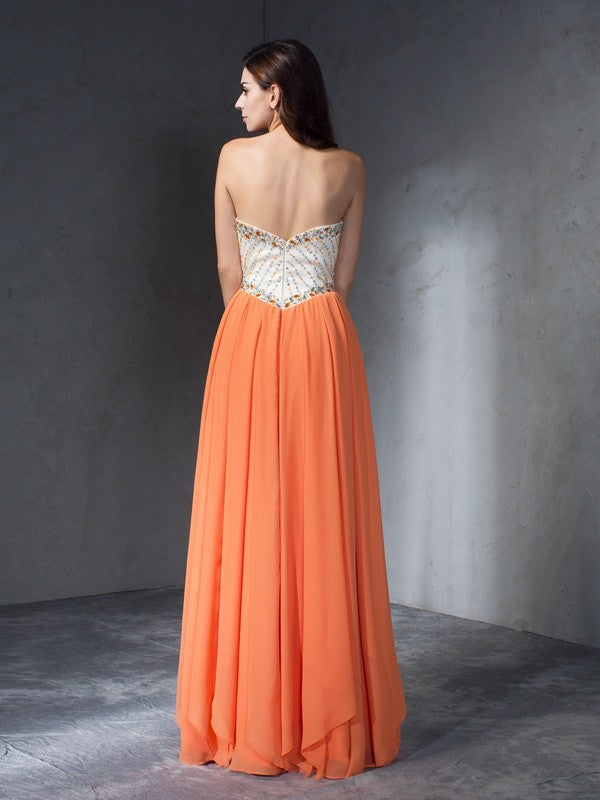 A-Line/Princess Beading Sweetheart Sleeveless Long Chiffon Dresses