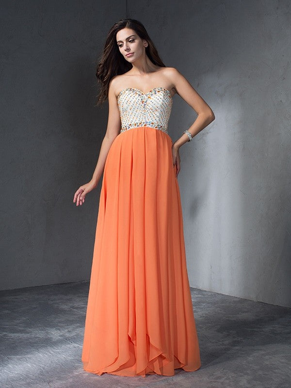 A-Line/Princess Beading Sweetheart Sleeveless Long Chiffon Dresses