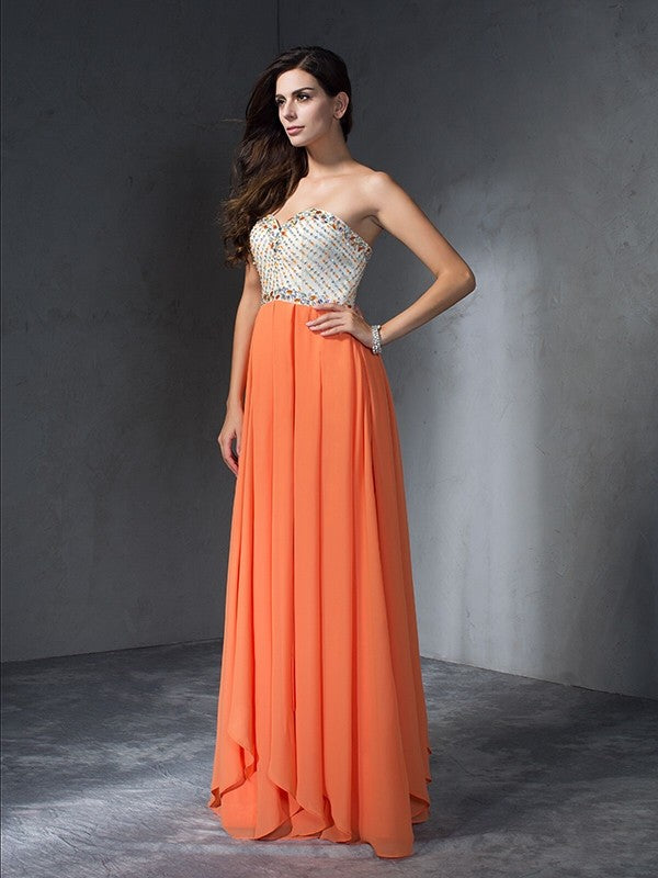 A-Line/Princess Beading Sweetheart Sleeveless Long Chiffon Dresses