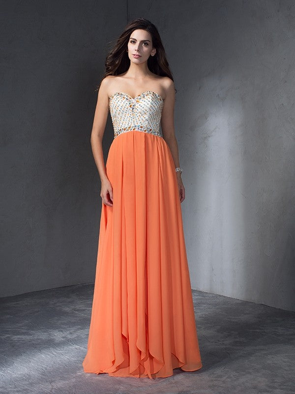 A-Line/Princess Beading Sweetheart Sleeveless Long Chiffon Dresses