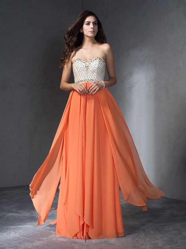A-Line/Princess Beading Sweetheart Sleeveless Long Chiffon Dresses