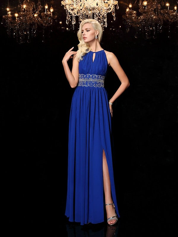 A-line/Princess Jewel Beading Sleeveless Long Chiffon Dresses