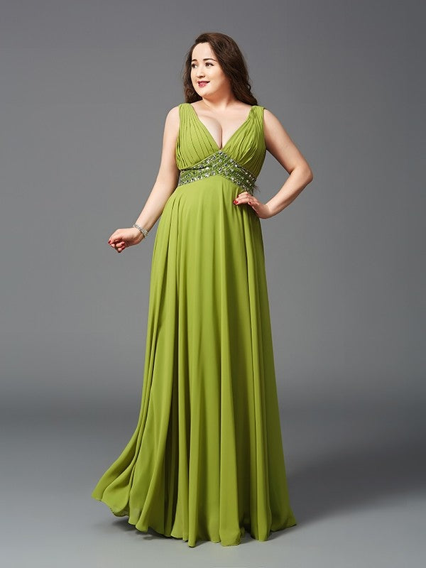 A-Line/Princess Straps Rhinestone Sleeveless Long Chiffon Plus Size Dresses