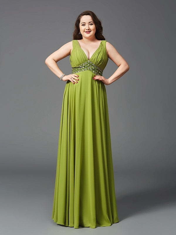 A-Line/Princess Straps Rhinestone Sleeveless Long Chiffon Plus Size Dresses