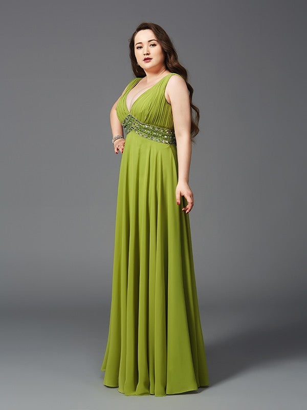 A-Line/Princess Straps Rhinestone Sleeveless Long Chiffon Plus Size Dresses