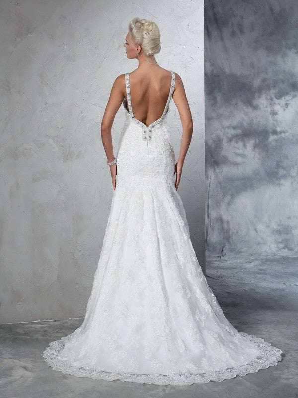 Trumpet/Mermaid Spaghetti Straps Lace Sleeveless Long Lace Wedding Dresses