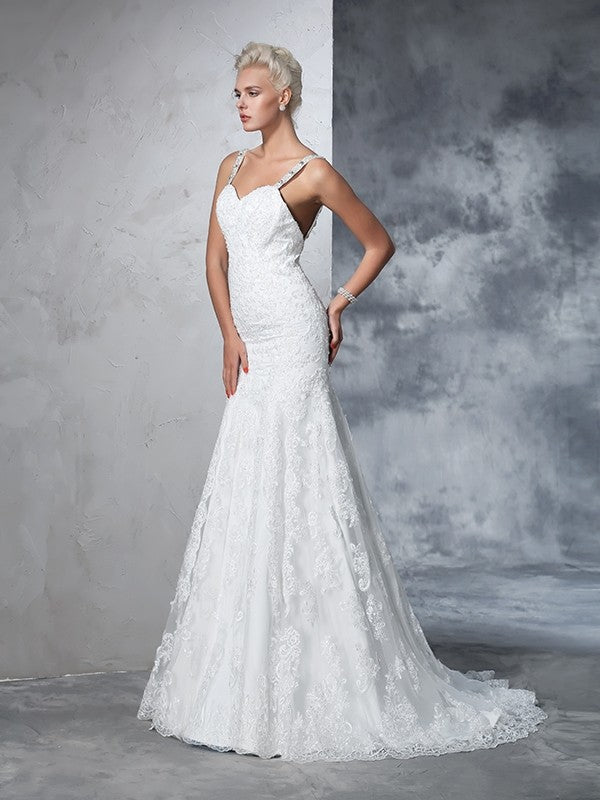Trumpet/Mermaid Spaghetti Straps Lace Sleeveless Long Lace Wedding Dresses