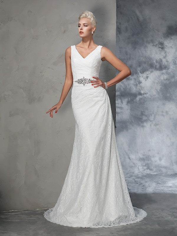 Trumpet/Mermaid V-neck Lace Sleeveless Long Lace Wedding Dresses