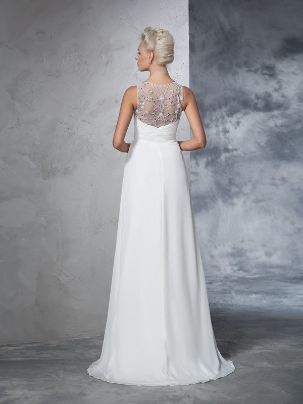 A-Line/Princess V-neck Ruched Sleeveless Long Chiffon Wedding Dresses