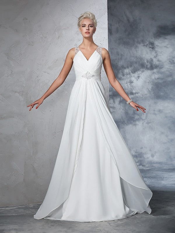 A-Line/Princess V-neck Ruched Sleeveless Long Chiffon Wedding Dresses