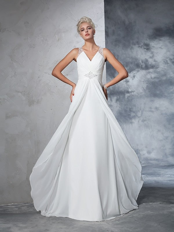 A-Line/Princess V-neck Ruched Sleeveless Long Chiffon Wedding Dresses