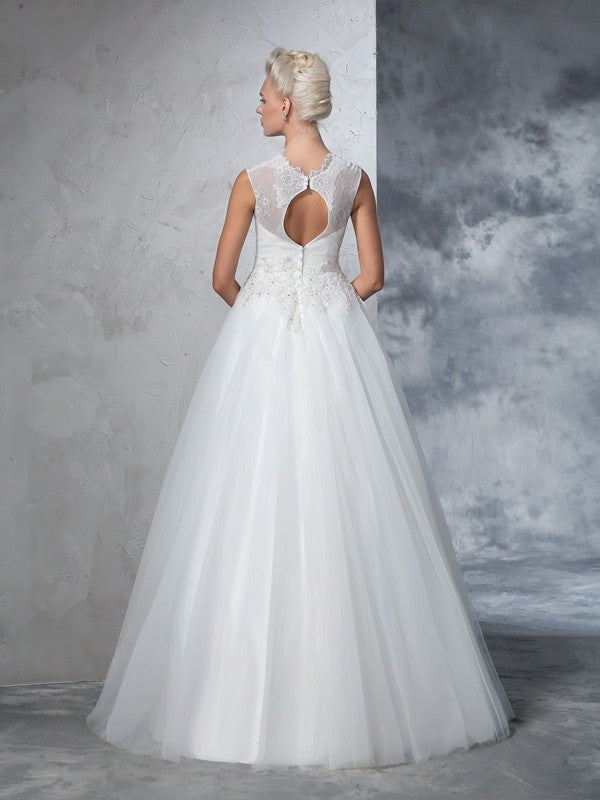 Ball Gown High Neck Applique Sleeveless Long Net Wedding Dresses