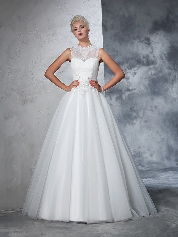 Ball Gown High Neck Applique Sleeveless Long Net Wedding Dresses