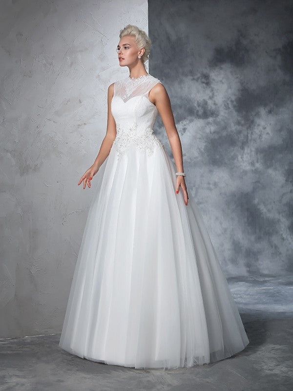 Ball Gown High Neck Applique Sleeveless Long Net Wedding Dresses