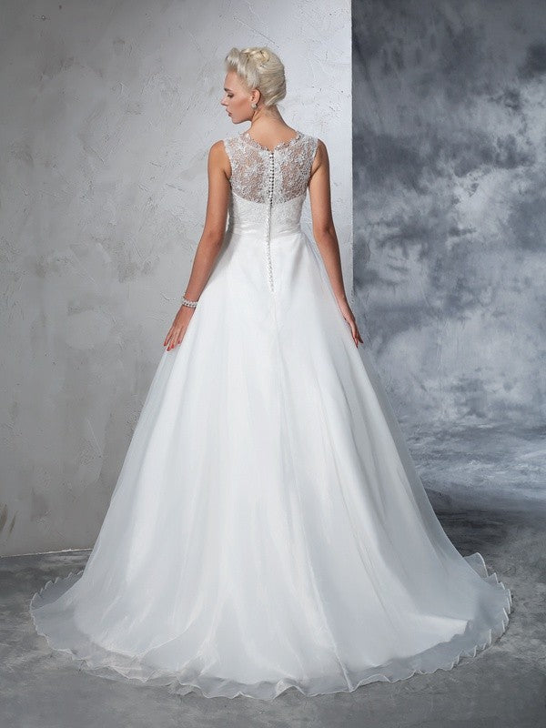 Ball Gown Sheer Neck Lace Sleeveless Long Net Wedding Dresses
