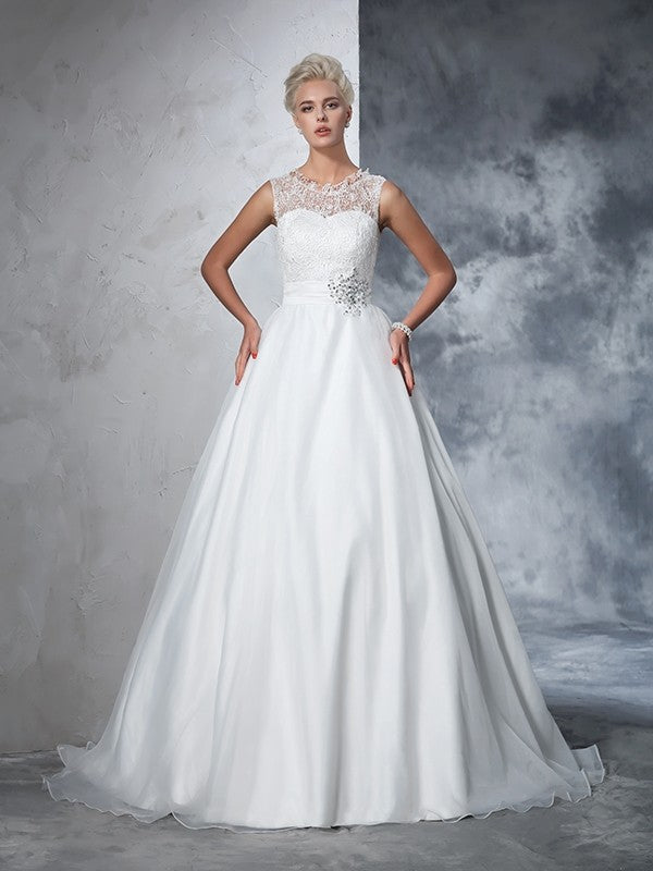 Ball Gown Sheer Neck Lace Sleeveless Long Net Wedding Dresses