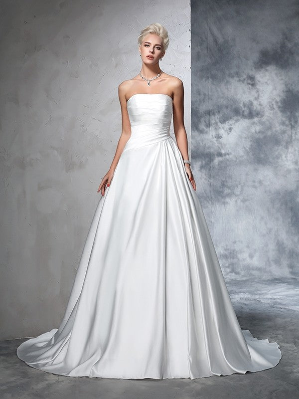 Ball Gown Strapless Ruched Sleeveless Long Satin Wedding Dresses